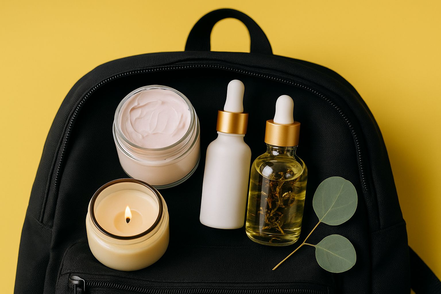Ein minimalistischer Rucksack mit Spa- und Reiseutensilien auf einem Holztisch, perfekt für einen Wellnessurlaub.