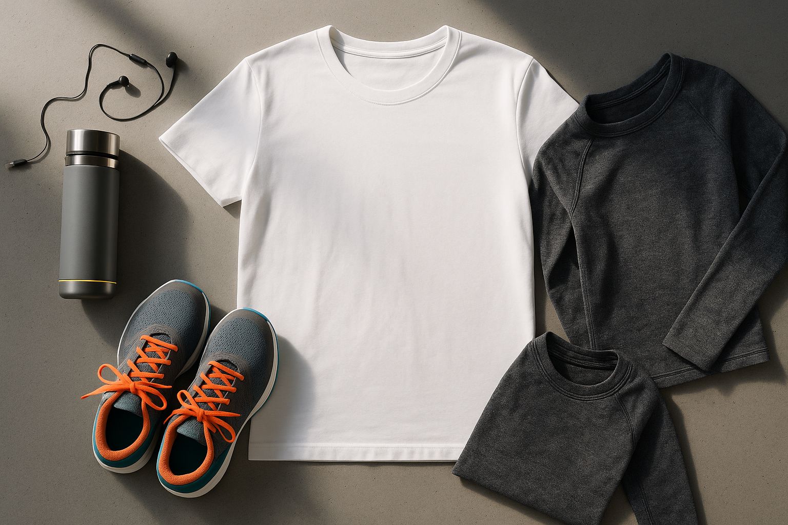 Flachgelegte Sportbekleidung: aim'n Leggings, Top, Hoodie, Wasserflasche, Kopfhörer auf hellem Hintergrund.